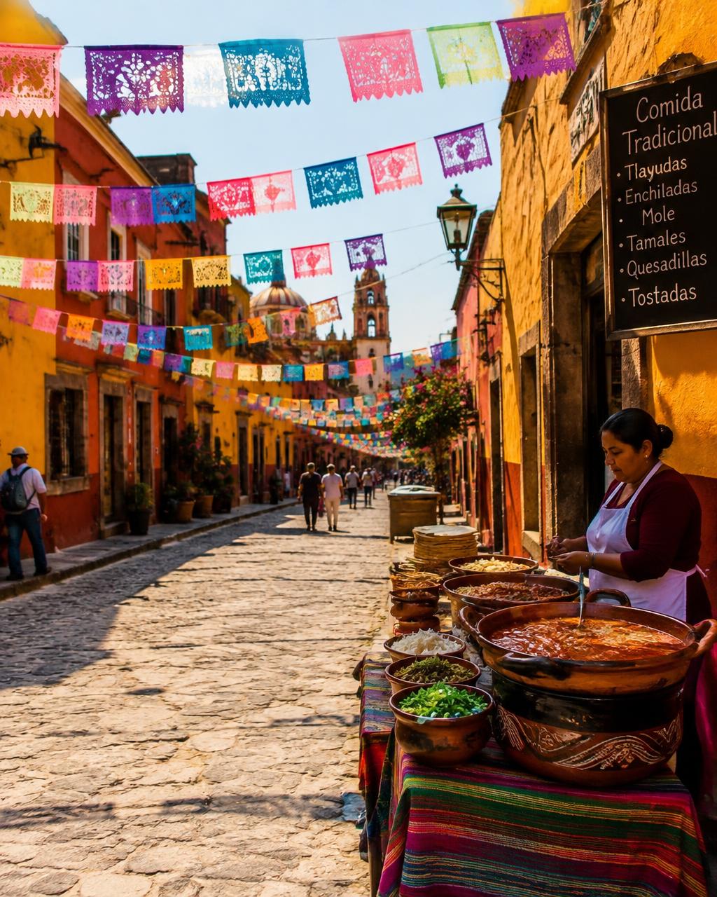 Calle colonial mexicana con papel picado y cocina tradicional